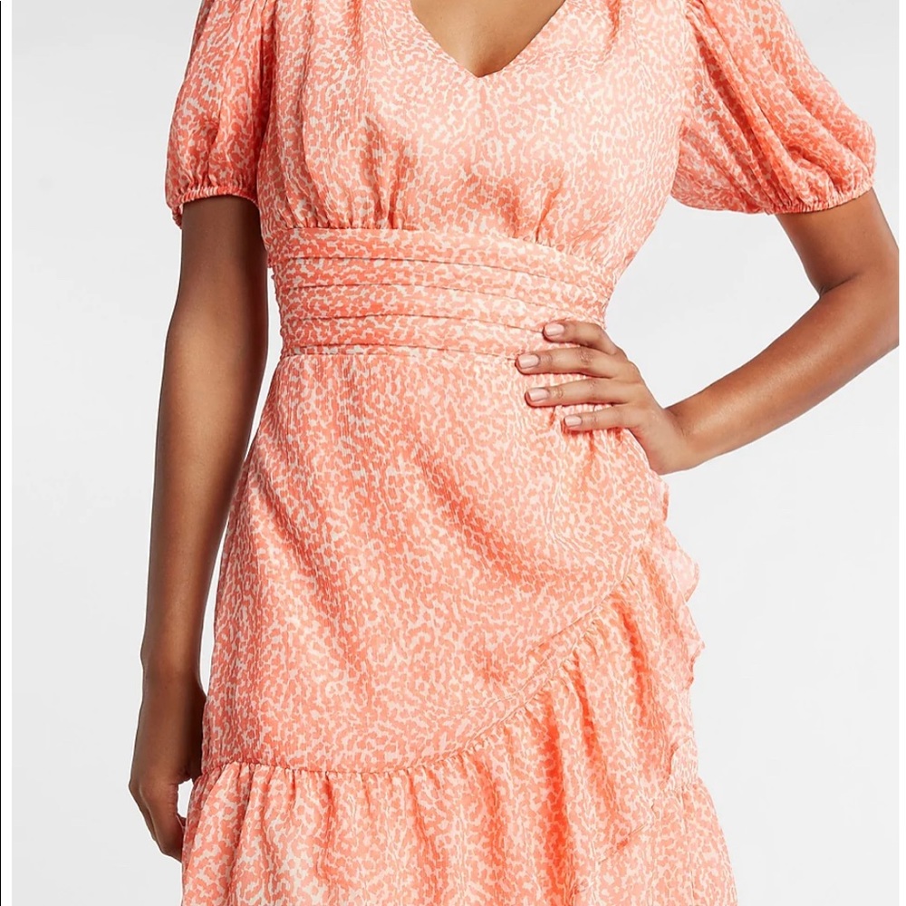 Express Printed Ruffle Wrap Puff Sleeve Dress